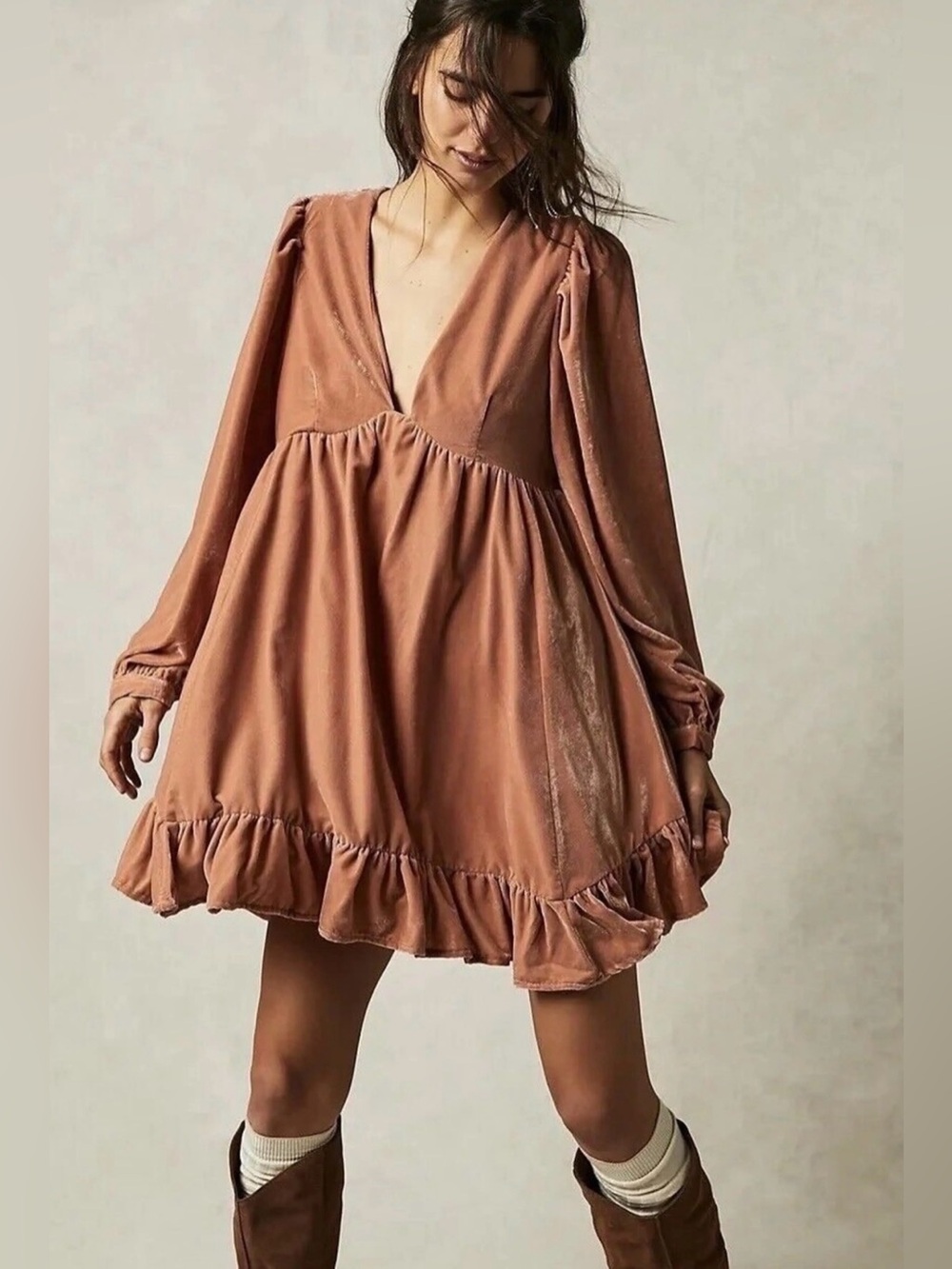 Free People Estella Velvet Mini Dress XS Boho Chic Oversized Babydoll Peach